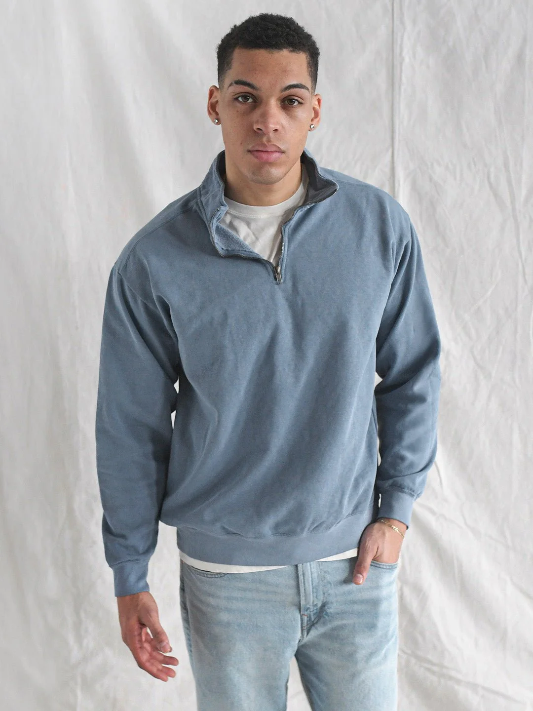 Premium Midweight Quarter-Zip Vintage Denim Sweatshirt - Image 4