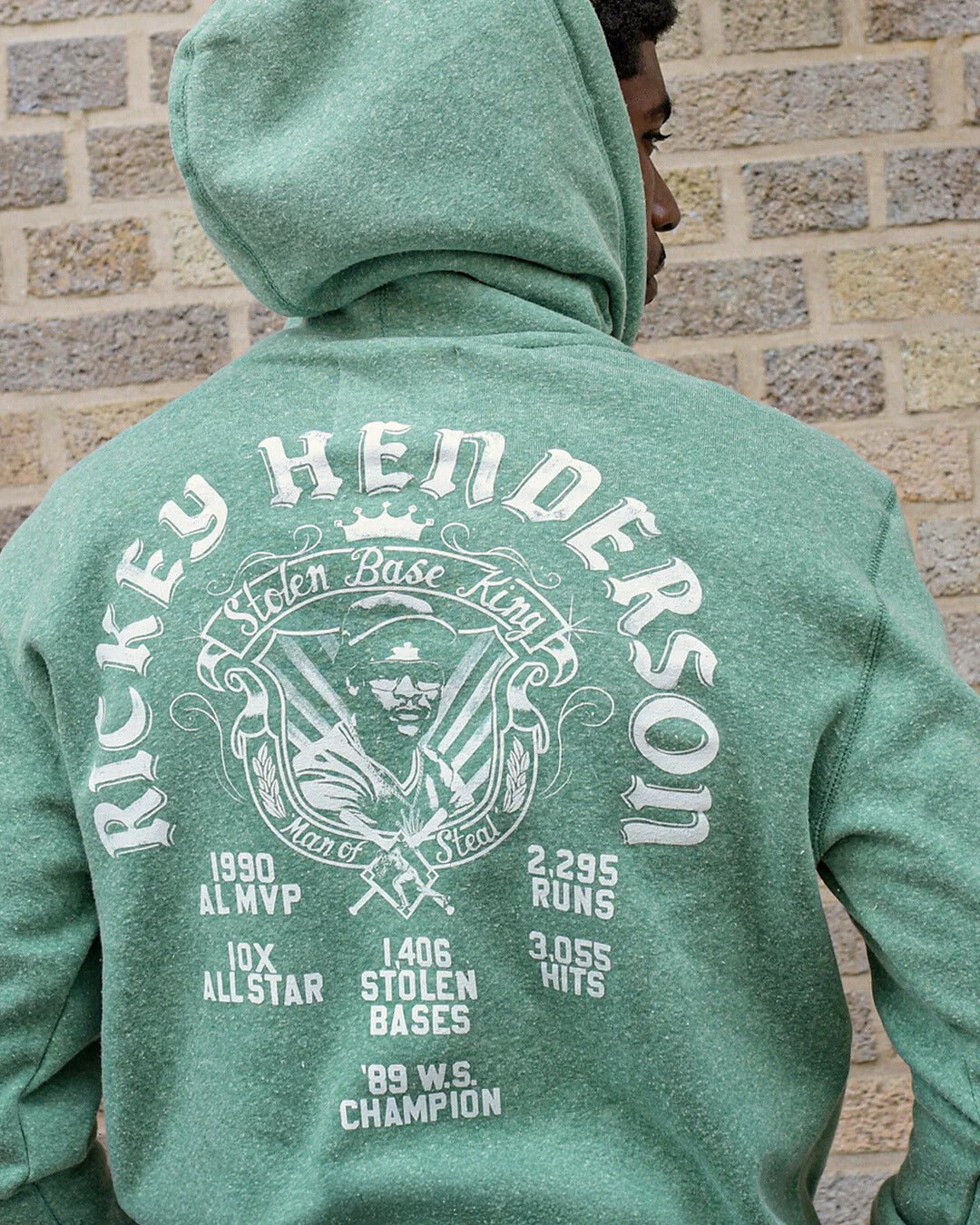 Rickey Henderson Stolen Base King Green PO Hoody - Image 2
